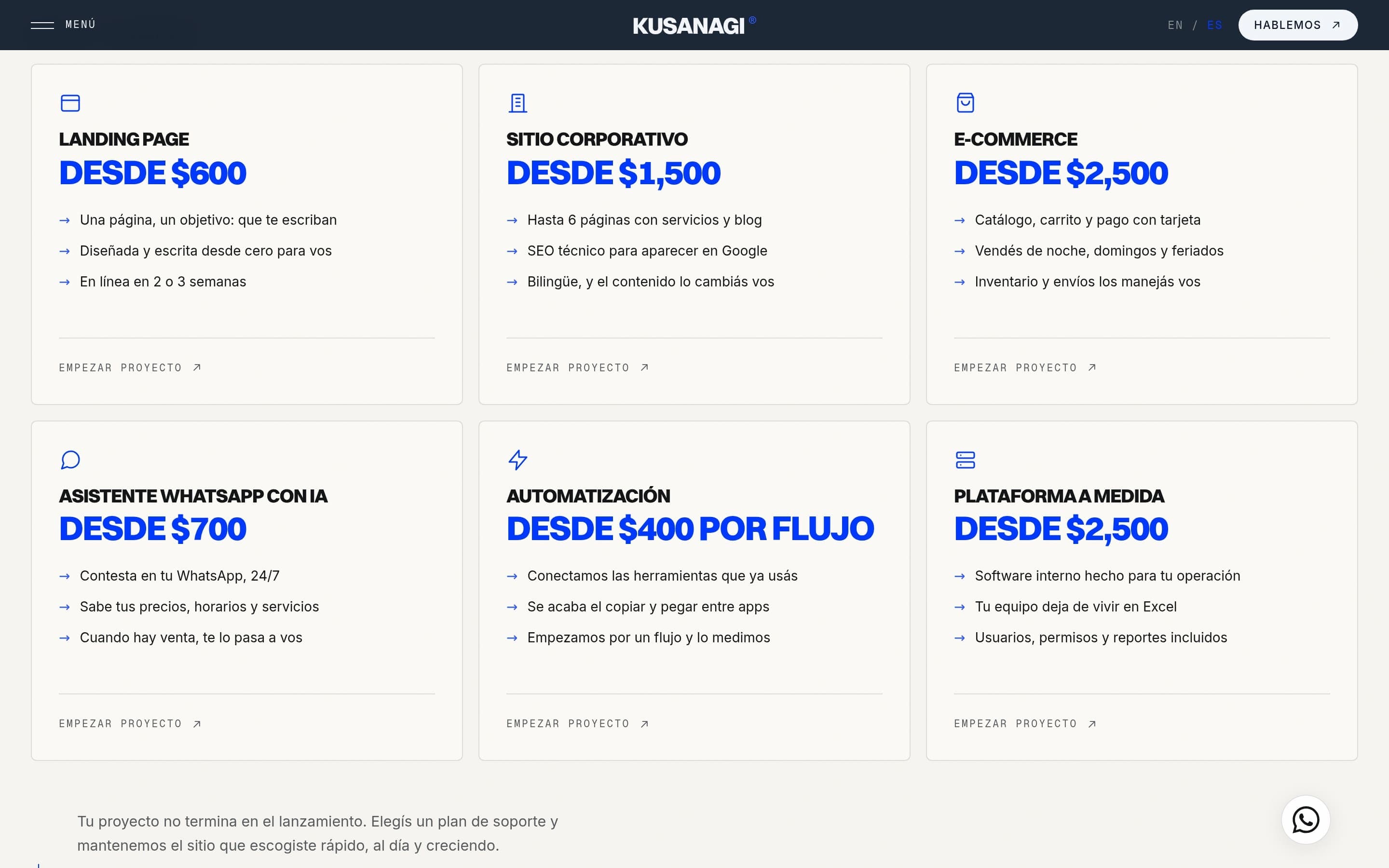 Kusanagi Studio — Precios claros por proyecto